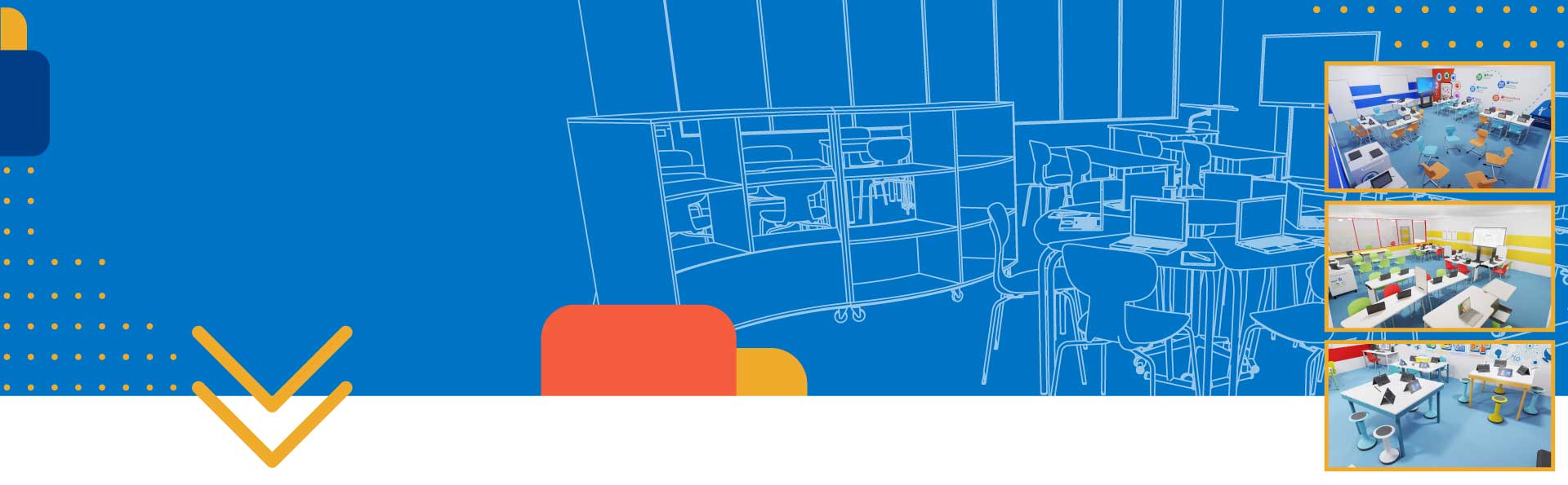 Illustrazione di un'aula moderna con computer e tecnologie avanzate, Piano Scuola 4.0